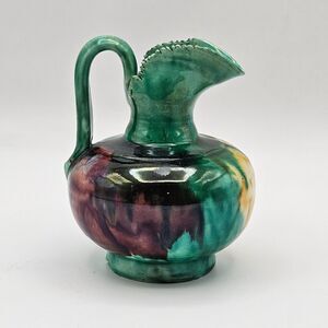 Oaxaca Mexico Dripware Ceramic Art Pottery Pitcher Flowers Green Vintage